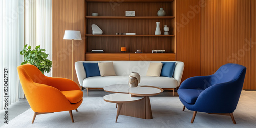 Orangefarbene und blaue Sessel und ein weißes Sofa vor einem Holzschrank. Skandinavisches Innendesign eines modernen Wohnzimmers.