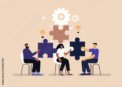 Diverse Team Connecting Puzzle Pieces for Business Strategy Innovation and Problem Solving Collaboration and Teamwork with Lightbulb Ideas and Gears