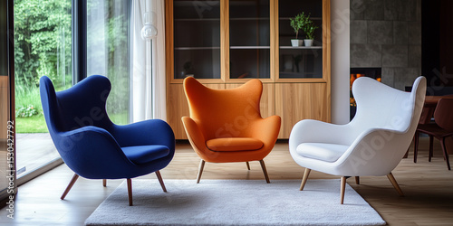 Orangefarbene und blaue Sessel und ein weißes Sofa vor einem Holzschrank. Skandinavisches Innendesign eines modernen Wohnzimmers.