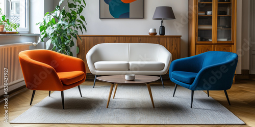 Orangefarbene und blaue Sessel und ein weißes Sofa vor einem Holzschrank. Skandinavisches Innendesign eines modernen Wohnzimmers.