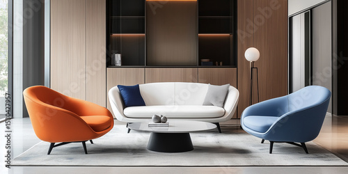 Orangefarbene und blaue Sessel und ein weißes Sofa vor einem Holzschrank. Skandinavisches Innendesign eines modernen Wohnzimmers.