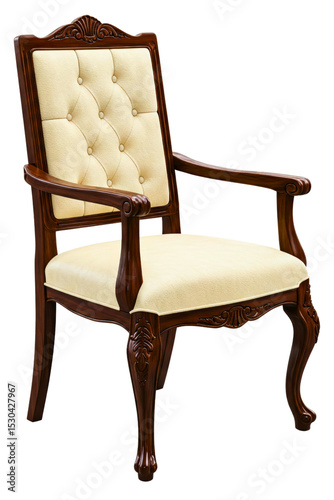 Elegant armchair with a plush seat and ornate woodwork isolated on a transparent background