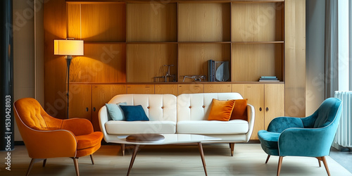 Orangefarbene und blaue Sessel und ein weißes Sofa vor einem Holzschrank. Skandinavisches Innendesign eines modernen Wohnzimmers.