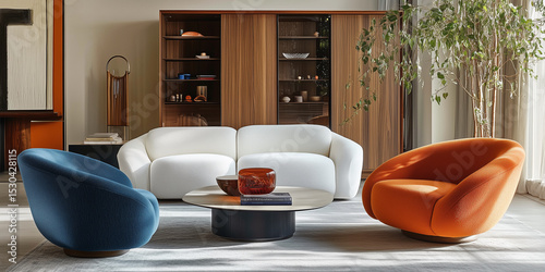 Orangefarbene und blaue Sessel und ein weißes Sofa vor einem Holzschrank. Skandinavisches Innendesign eines modernen Wohnzimmers.