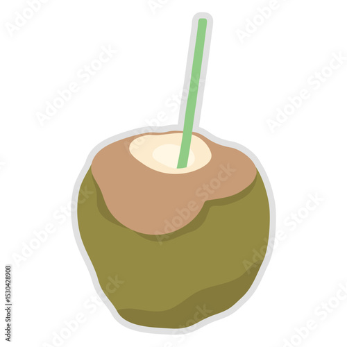 Cute hand drawn fresh whole coconut and coconut with straw.