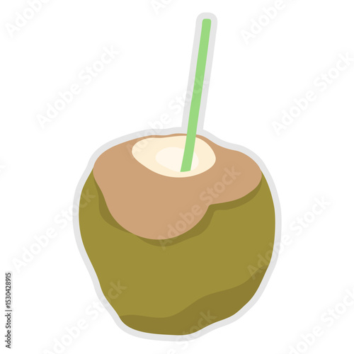 Cute hand drawn fresh whole coconut and coconut with straw.