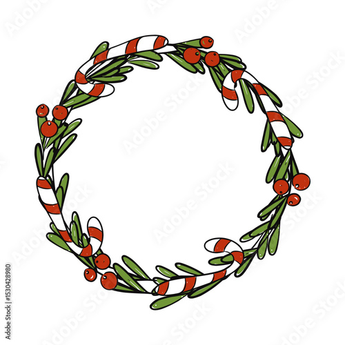 Christmas wreath with candy canes and berries vector clip art. Illustration
