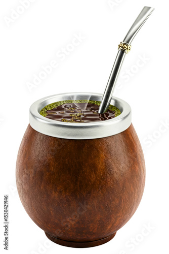 Traditional yerba mate cup with a metal straw for sipping isolated on a transparent background