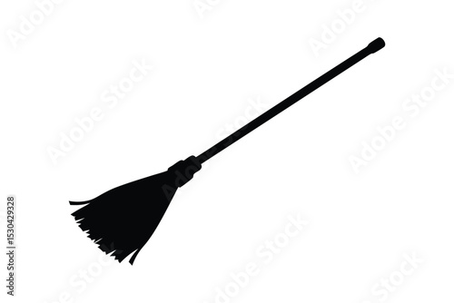 Silhouette art illustration of a broomstick with wood grain handle and straw bristles.eps