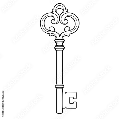 Vintage ornamental key design with intricate detailing outline  
