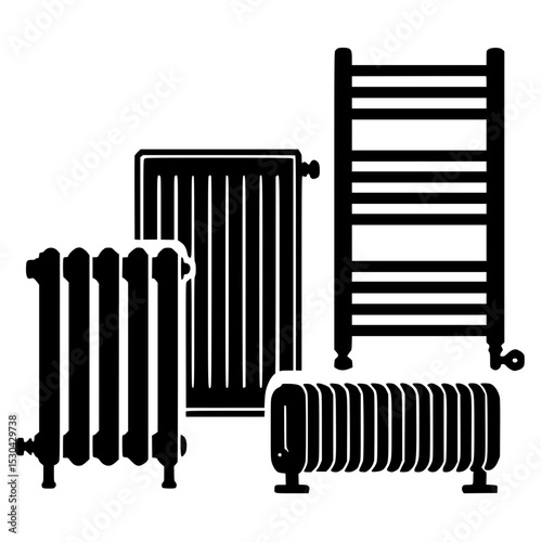 Various types of black radiators in different designs and sizes  