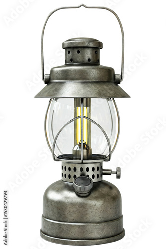 Classic metal lantern providing warm light for outdoor settings isolated on a transparent background
