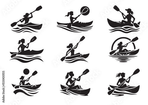 A Woman kayaking Silhouette Vector Set