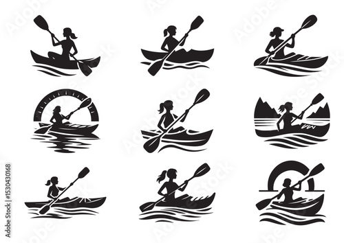 A Woman kayaking Silhouette Vector Set