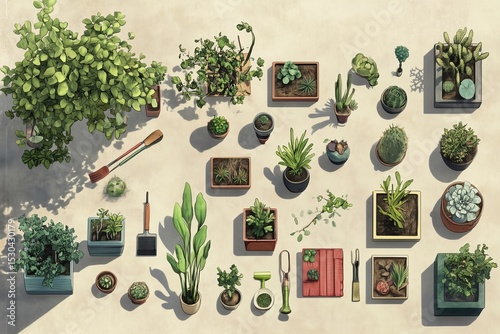 A bird's-eye view of plants in containers, with gardening implements on a neutral backdrop. photo