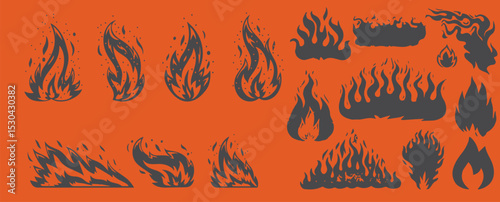 Set of hand-drawn flame icons in rustic red, perfect for digital design and print projects.	