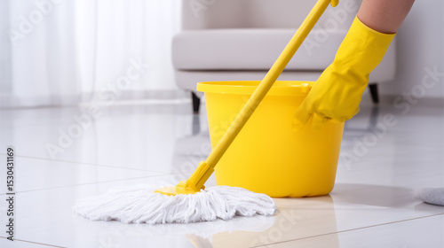 A detailed photo captures the essence of house cleaning with a hand in yellow gloves. holding a mop over a bright and fresh floor alongside a yellow bucket.