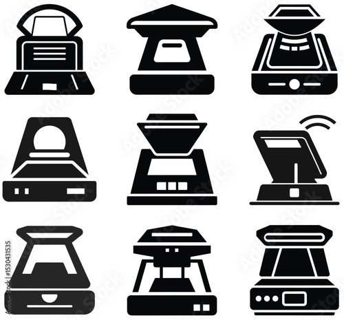 Collection of Flat Icons Representing Different Types of Scanners and Scales