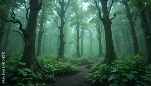 A sentient forest grown from nanotechnology, glowing with intelligence — soft green glow, wide angle shot.
