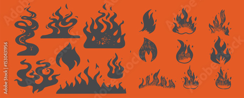 Set of hand-drawn flame icons in rustic red, perfect for digital design and print projects.	