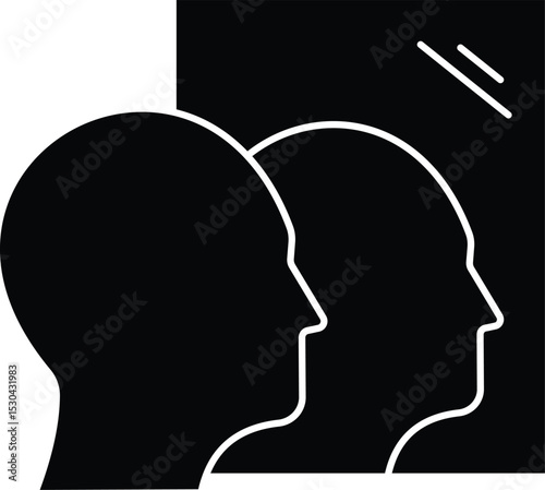 Vector graphic illustration of a self-awareness icon showing a person looking into a mirror. Perfect for educational, psychology, self-growth, business, achievement, tech, and related content. Solid 