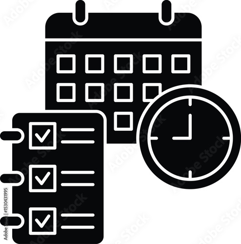 Vector graphic illustration of a discipline icon showing a calendar, schedule, and time. Perfect for educational materials, self-development, business, or other related presentations. Solid style.