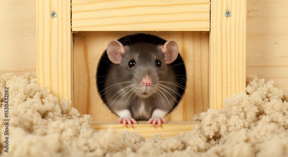Obraz premium A Cute Pet Rat Peeking Out of Wooden House in Soft Bedding – Adorable Rodent in Cozy Habitat