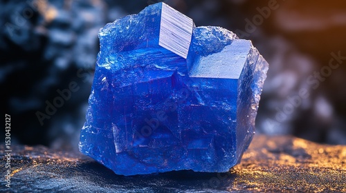 Blue fluorite crystal cluster on rock, dark background, geology sample