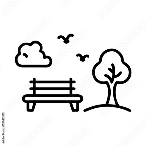 Relaxing Park Coloring Page – Bench Under Tree with Nature Elements for Kids and Beginners