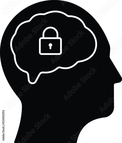 Vector graphic illustration of a fixed mindset icon showing a person's head with a locked brain. Ideal for educational, psychology, self growth, business, or other related presentations. Solid style.