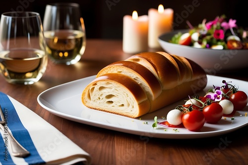 Delicious crusty bread with caprese salad and wine