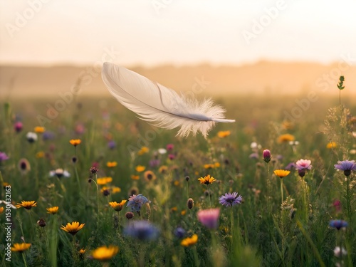 Softness A feather floating above a field of wildflowers in the gentle breeze.