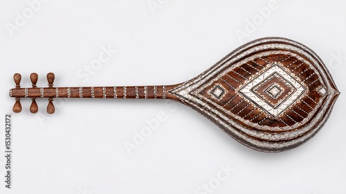 Ornate, decorative stringed instrument with inlaid silver detailing.