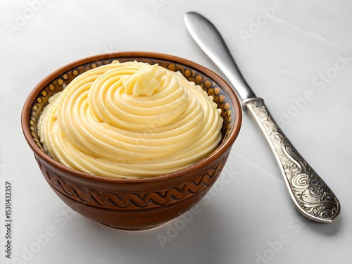 Swirled butter in a brown ceramic bowl with ornate silver butter knife