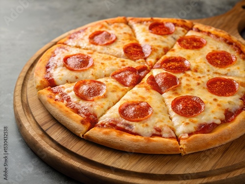 A pepperoni pizza with melted cheese and tomato sauce on a wooden board.
