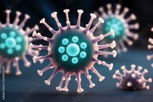 Microscopic view of viruses glowing in the dark