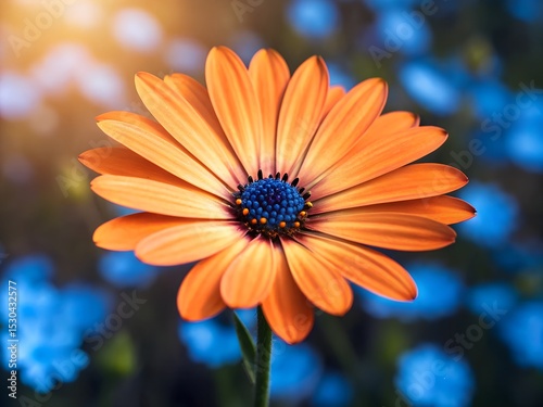 Close up of vibrant orange gerbera daisy with blue center and soft bokeh background of small blue flowers in warm sunlight