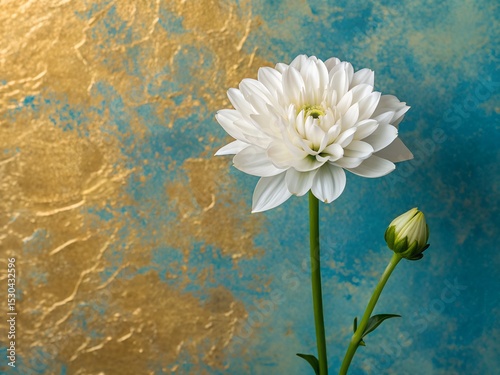 A white flower with a green stem on a textured, gold and blue background with a white flower bud on the right side.