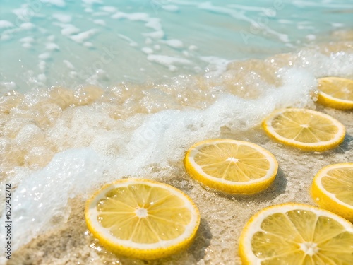 Summer Beach Lemons Refreshing Citrus Slices in Ocean Waves