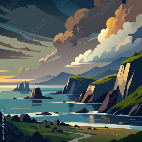 A dramatic rocky coastline under brooding clouds in Ireland

