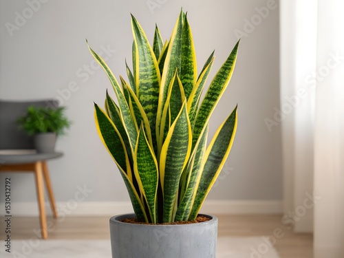 Vibrant snake plant displays striking green and yellow leaves in indoor setting, showcasing its unique texture and growth pattern