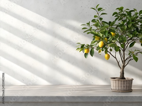 a minimalist studio setup. A branch of a lemon tree , Lemon tree in front of white rustic wall with sunlight shade. Summer background scene with concrete countertop in shade for product display.