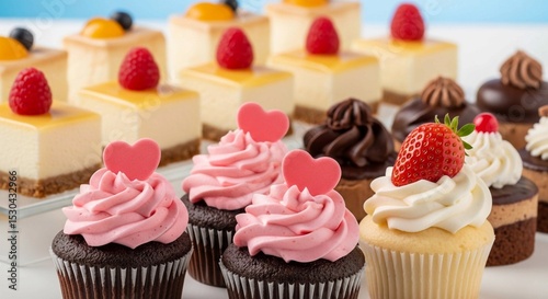 A delectable collection of individually decorated cupcakes and bite-sized pastries.
