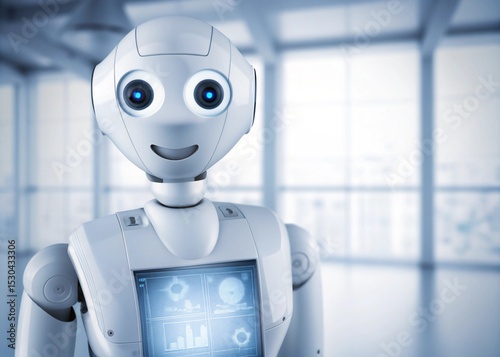 Friendly White Robot with a Screen Displaying Data in a Modern Office Setting Artificial Intelligence Concept