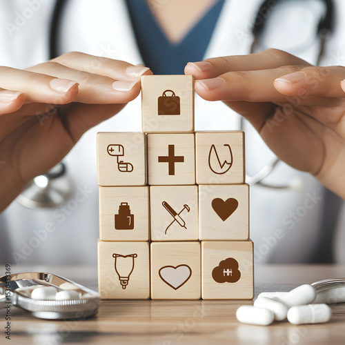woman placing wooden blocks with health-related icons, medical care, health insurance, and medication. healthcare services, protection, insurance coverage,
