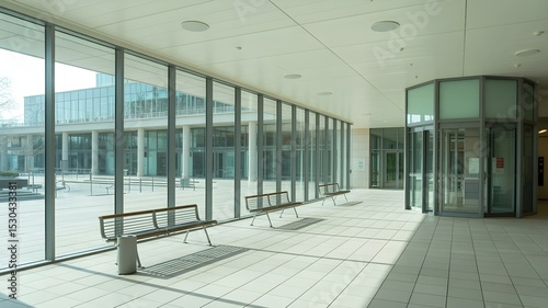 Modern Office Atrium with Glass Walls and Benches