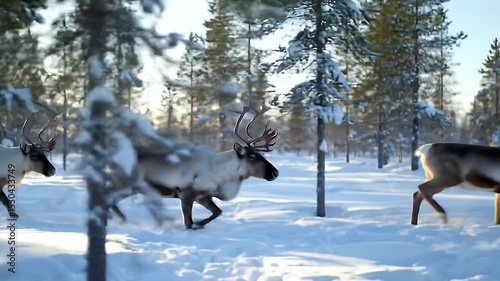 Reindeer Herd Running Through Snowy Landscape In a Winter Forest With Sunlight