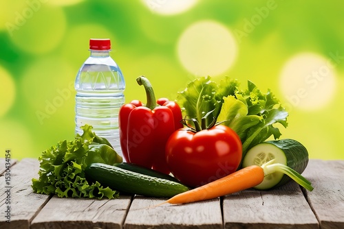 Fresh vegetables and water bottle on wooden table