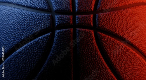 Closeup texture of a basketball in blue and red light