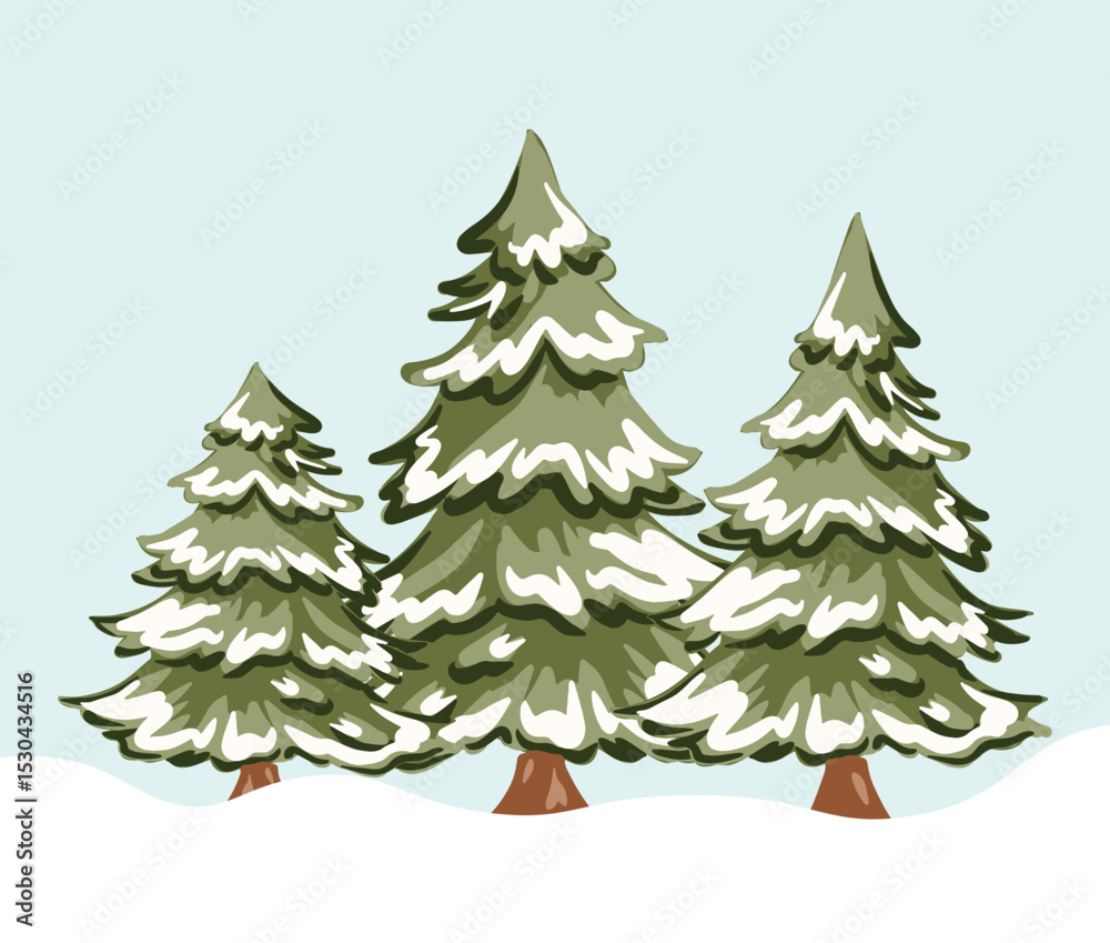 Obraz premium Hand drawn Christmas evergreen trees are covered with snow. Winter season clip art. Vector illustration